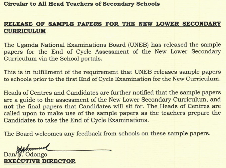 UNEB RELEASE OF EXAM SAMPLE PAPERS FOR THE NEW LOWER SECONDARY CURRICULUM