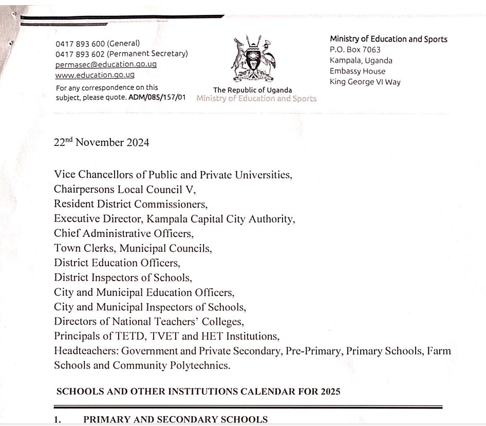 Uganda School calendar 2025 10